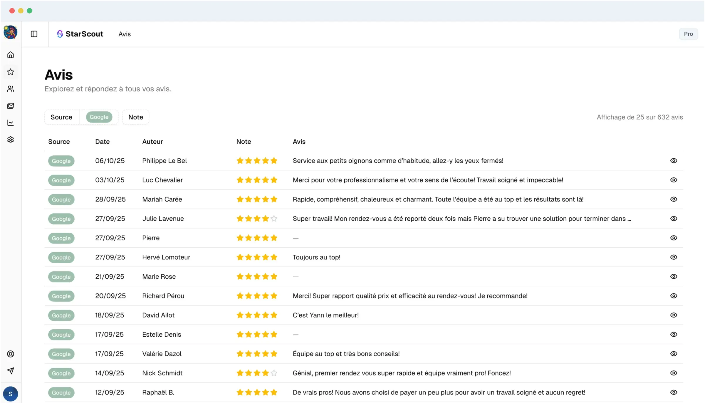 Interface de gestion des avis StarScout